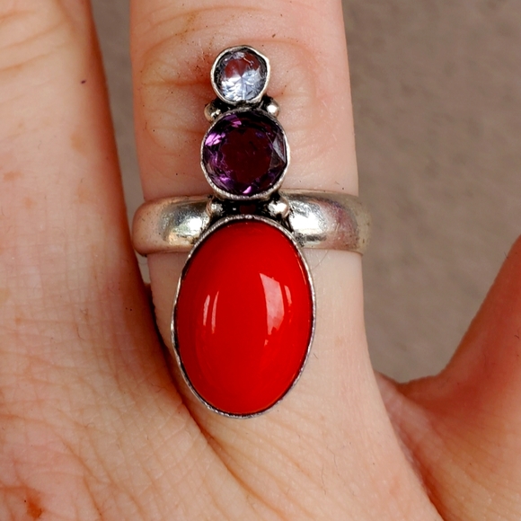 New Red Coral and Amethyst 925 Silver Ring. - Picture 1 of 13